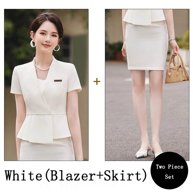 Women's Business Suits Summer Short Sleeve OL Style Office Formal Professional Work Wear Set with Skirt And Tops Career Outfit - AIAZ