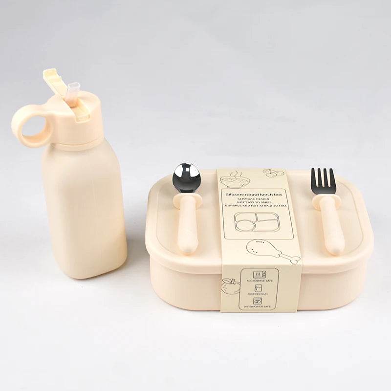 4PC/Set Silicone Bento Box Straw Water Bottle Leak-Proof Lunch Container Fork Spoon With Packaging Card BPA-Free Dishwasher Safe - AIAZ