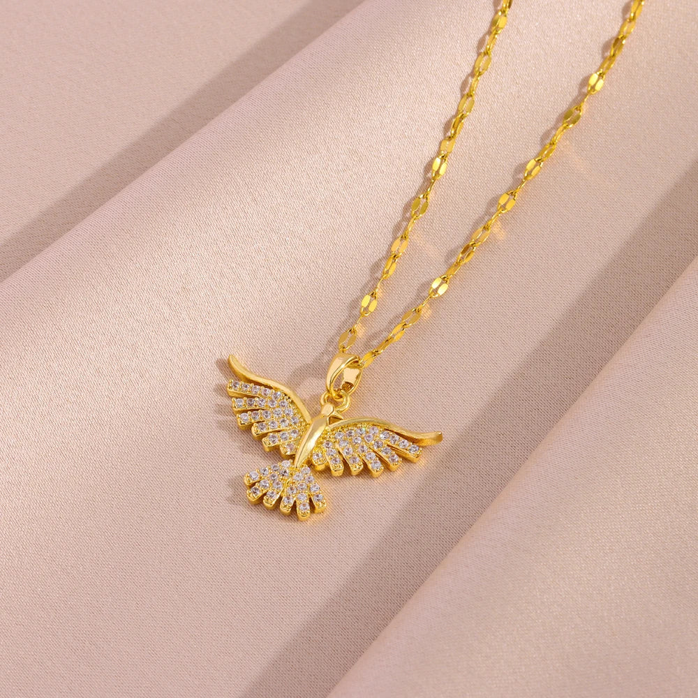 New Sparkly 18K Gold Plated Vintage Phoenix Pendant Necklaces For Women Retro Style Female Daily Wear Stainless Steel Neck Chain
