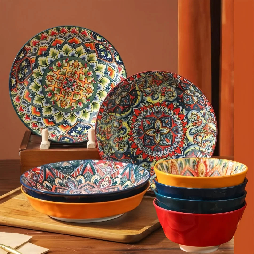 Bohemian ceramic plate 7-piece set cross-border high-value plate household new dessert plate underglazed plate spaghetti bowl