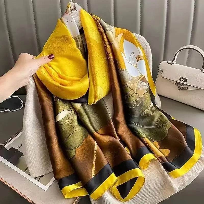 New Summer Women's Silk Scarf Sun Protection Satin Print Extra Long Beach Cover Up Decorative Mom's Shawl Fashionable Accessory - AIAZ