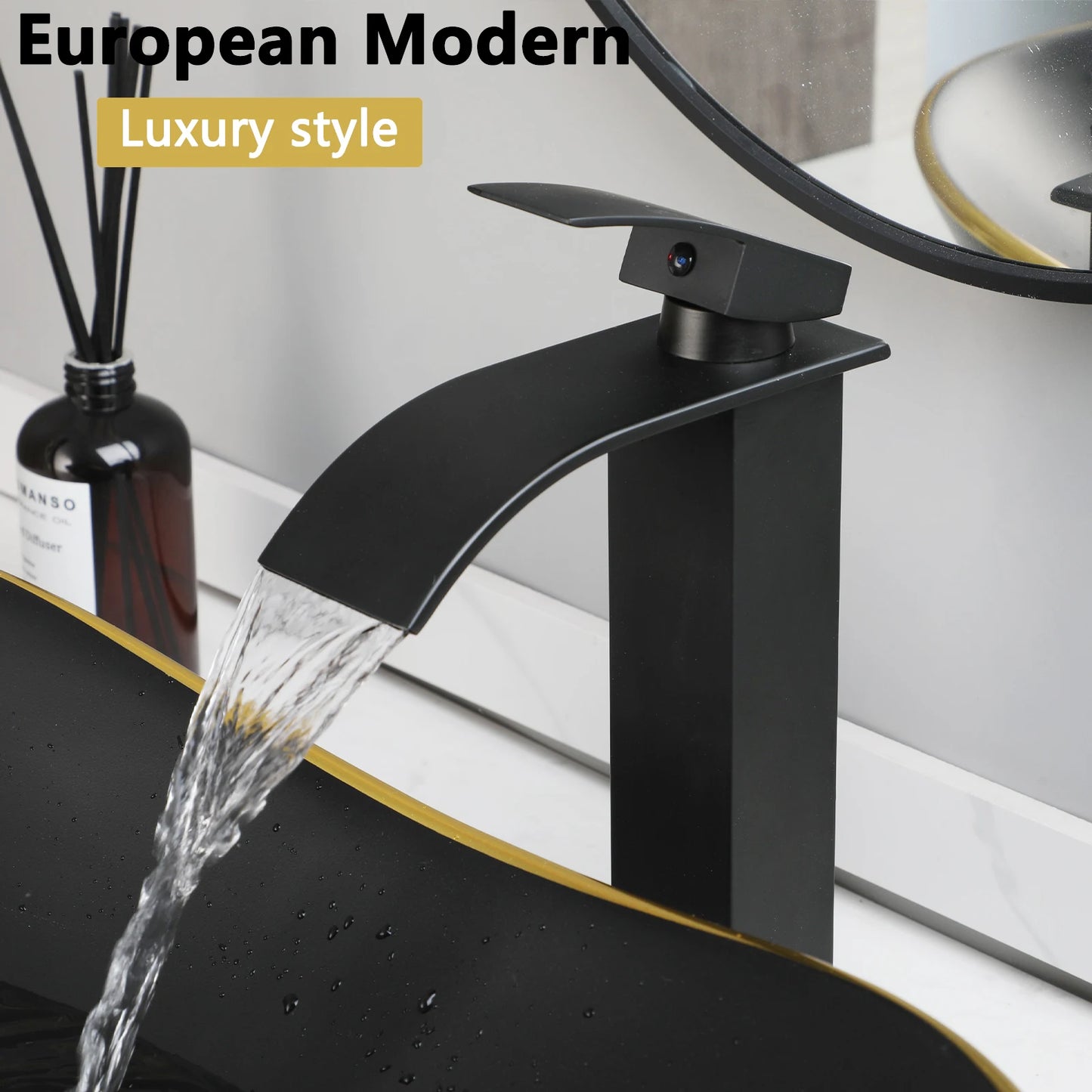 JIENI European Style Bathroom Sink Set Ceramic Washbasin Black Waterfall Faucet Pop Up Drain Combo Oval Counter Top Sinks