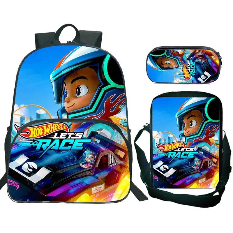 Hot Wheels Let's Race Print Backpack 3pcs Set Boys Girl Child School Bookbag Large Capacity Student Backpack Back to School Gift - AIAZ