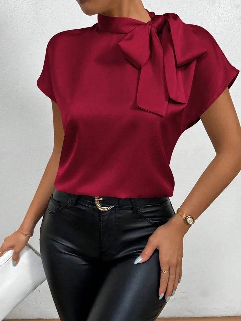 Women Shirt Fashion Bow Satin T-shirt Female Short Sleeve Solid Color All-match Pullover Tee Women's Temperament Summer Tops - AIAZ