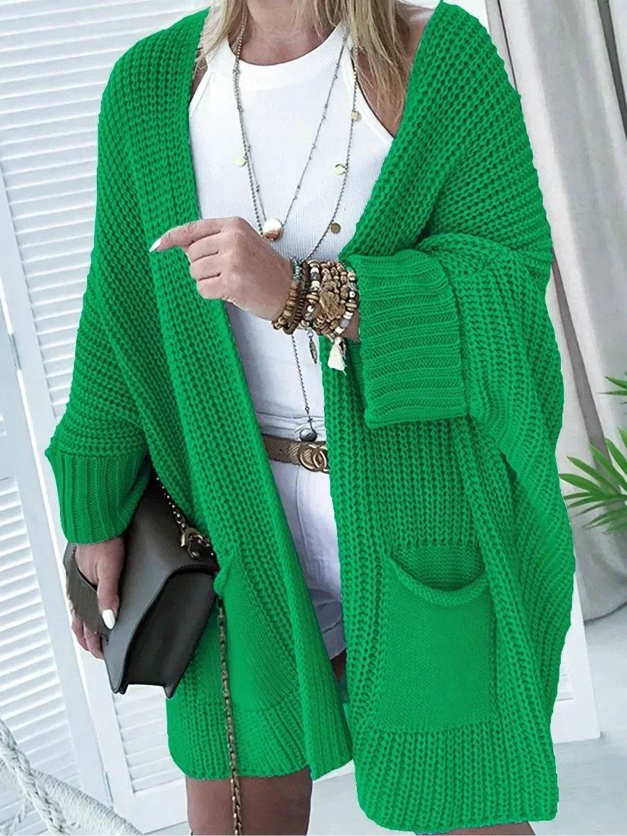 2025 New Knitted Long Cardigan for Women Autumn Casual Loose V-Neck Sweater Coats Ladies Elegant Solid Jumper Jacket with Pocket - AIAZ
