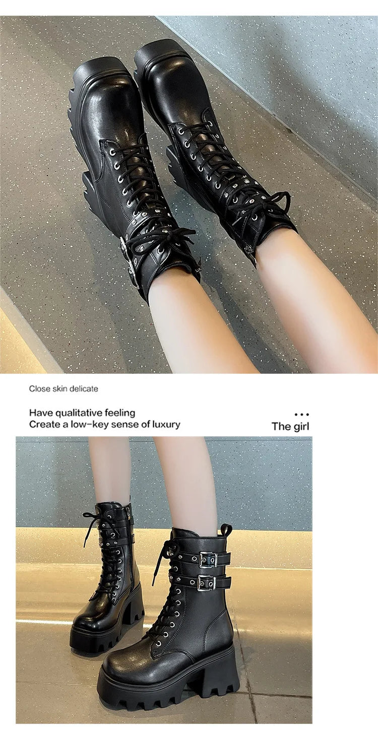 Trend Punk Women's Boots Buckle Platform Boots Mid-calf Gothic Boots for Women Autumn Ladies Motorcycle Boot Pu Leather Shoes