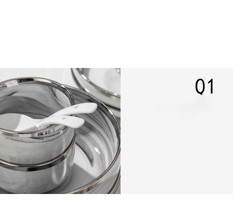 Light Luxury Ceramic Tableware Set Marble Fish Plates With Silver Rim Household Hotel LArge Capacity Soup Bowl Deep Plates