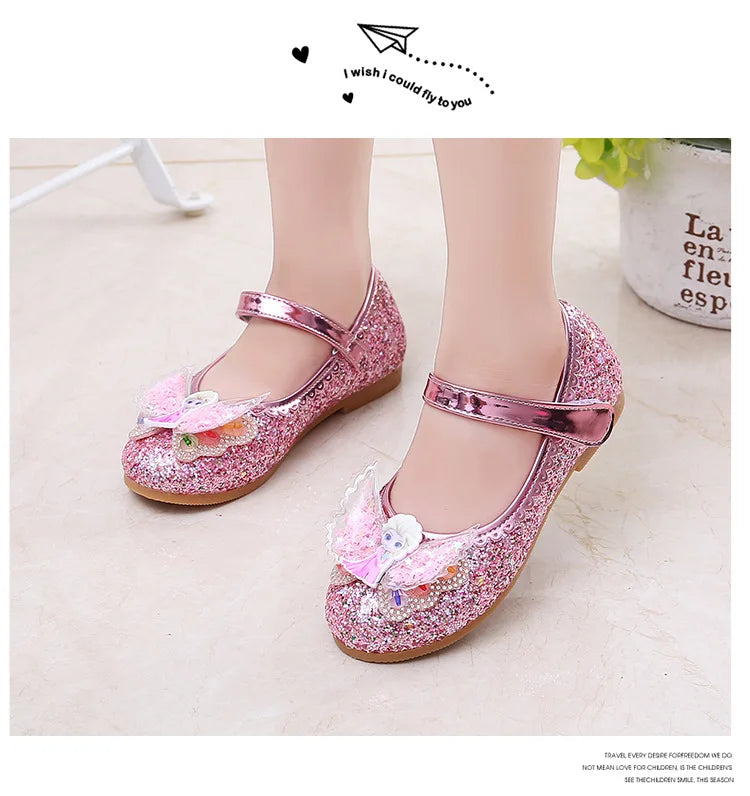 Disney Elsa Frozen Girls Princess Shoes Spring and Autumn Flat Paillette Shoes Children's Soft Sole Baby Casual Shoe Party Shoes