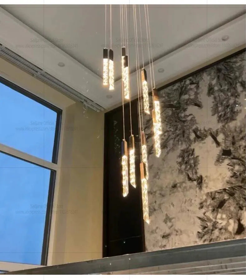 Modern LED Living Room Pendant Light Staircase Pendent Lamp Doublelayer Attic Spiral Long Ceiling Lamp Villa Crystal Chandelier