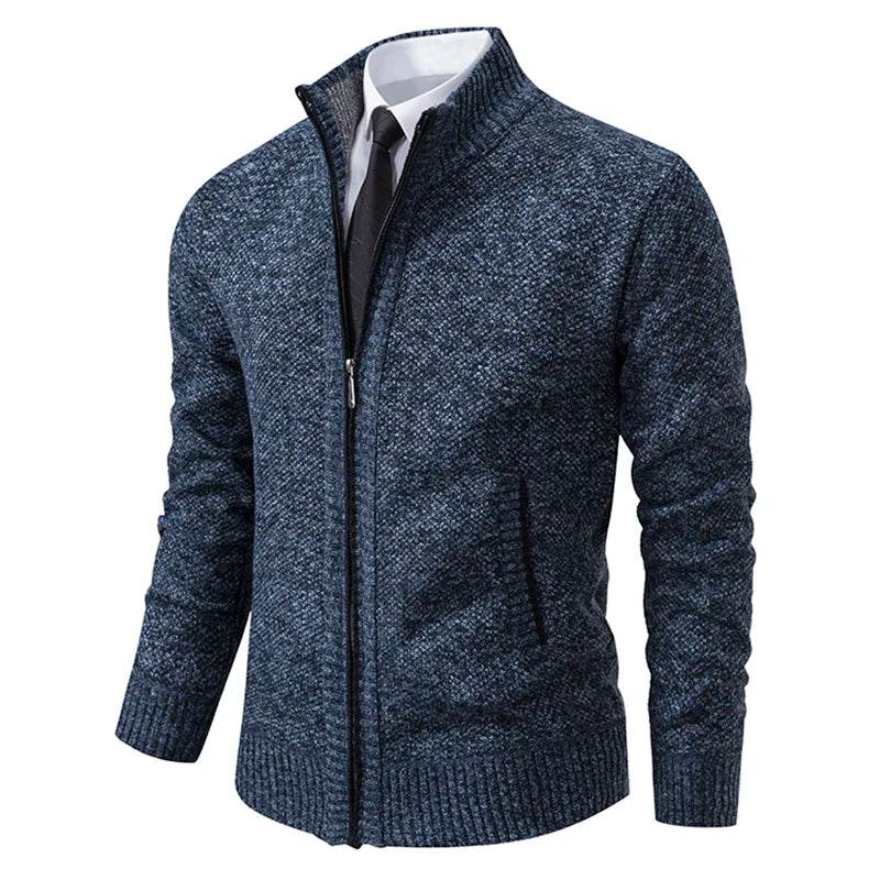 Autumn And Winter New Jersey Men's Casual Sports Coat Solid Color Stand Collar Wweater Grab Fleece Warm Zipper Cardigan - AIAZ