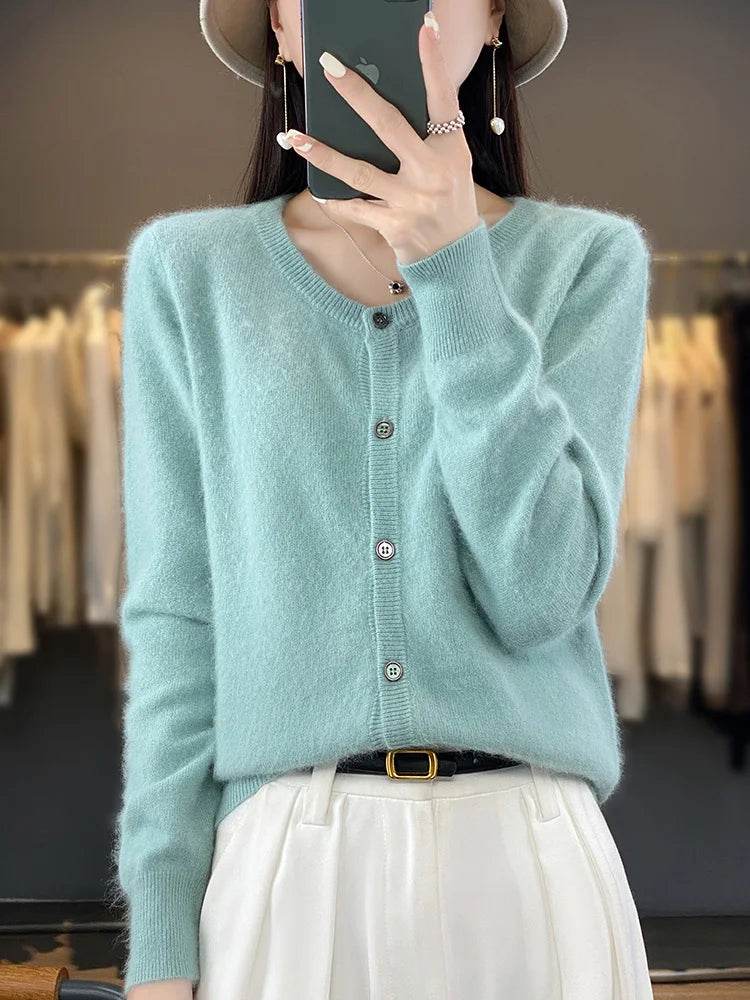Women's Cardigan 100% Mink Cashmere Sweater,O-Neck Long Sleeve Top,Plus-Size Loose,Spring and Autumn Soft Knitted Jacket Female - AIAZ