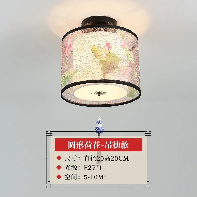 New Chinese Chandelier Lustre Ceiling Lamp Simple Corridor Chinese Painting Ceiling Lights Creative Suspendu Lotus Led Lighting
