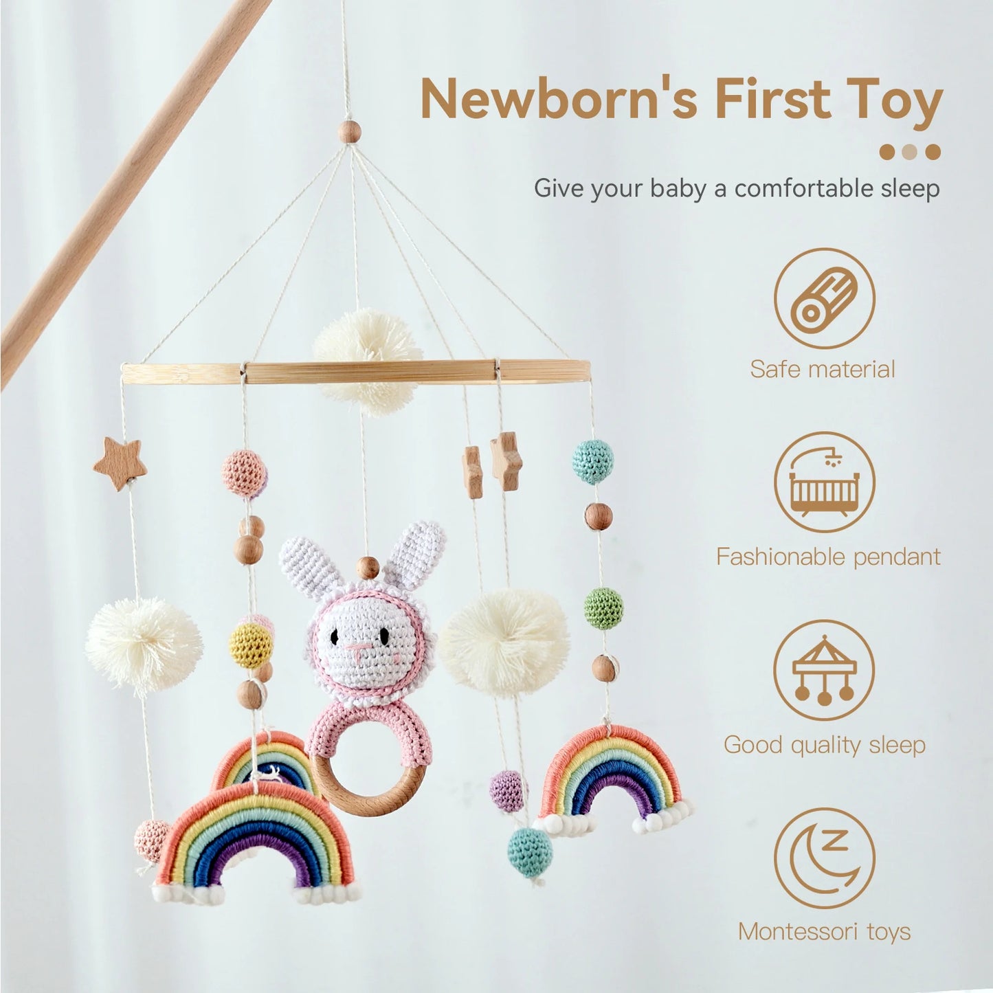 Baby Crib Mobile Wooden Wind Chime Bed Bell, Animal Crib Mobile With Music for Girls and Boys, Mobile for Bassinet Room Decor