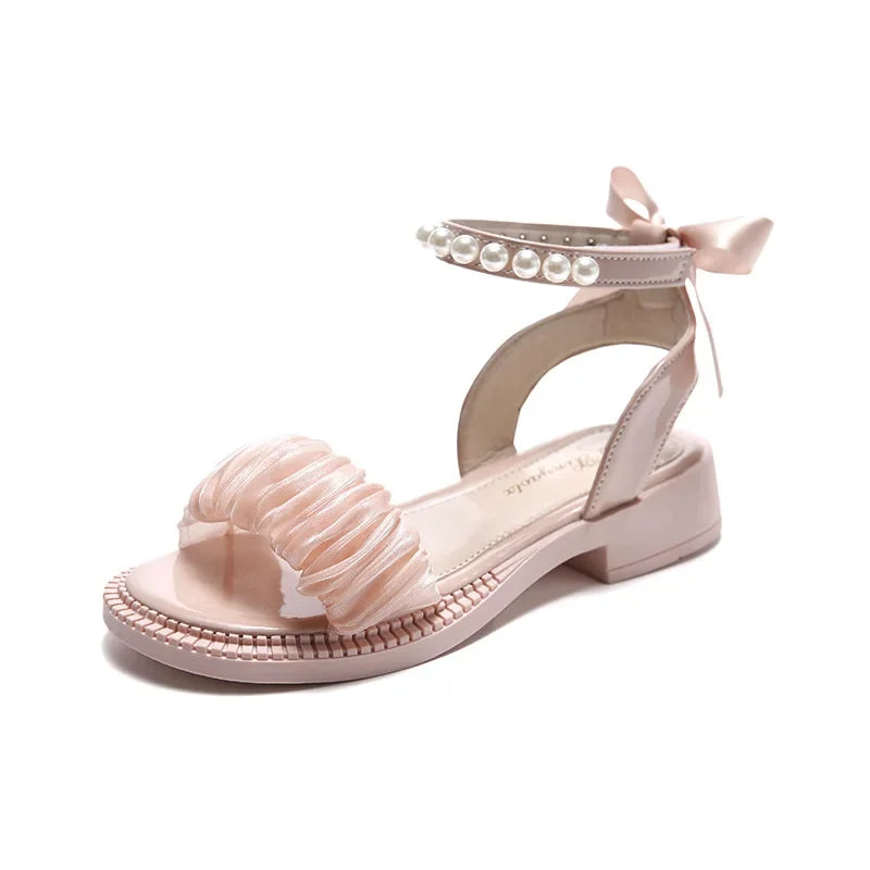 Children's Sandals Summer Elegant Girl Princess Dress Bowtie Sandals Fashion Beading Ankle Strap Kids Causal Sweet Roman Sandals