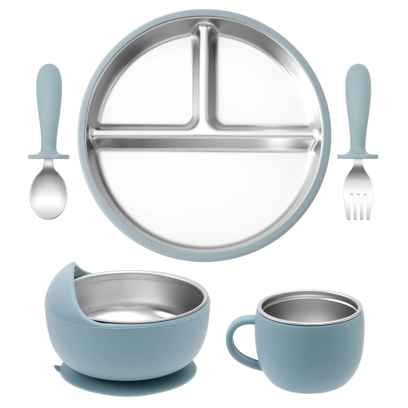 5PCS Stainless Steel Detachable Dishes Plate Baby Feeding Set With BPA Free Silicone Bowl Cup Infant Training Fork Spoon Gifts