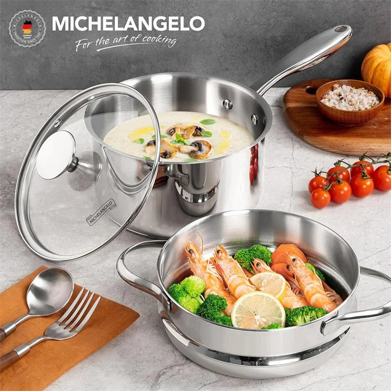 MICHELANGELO Milk Pot Set with Steamer 2.5QT Stainless Steel Saucepan with Lid Steamer Pot with Pour Spout Induction Oven Safe