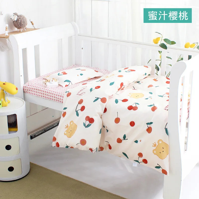3Pcs Set Newborn Baby Cot Sheet Duvet Cover Case Pillowcase Cotton Cartoon Print Crib Flat Bed Sheet Infant Toddlers Beddings