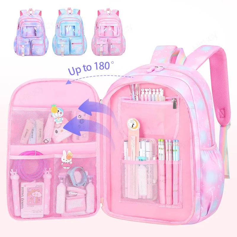 School Backpacks for Girls Child Cute Candy Color Shoulder Bag with Large Capacity Side-Open Backpack - AIAZ