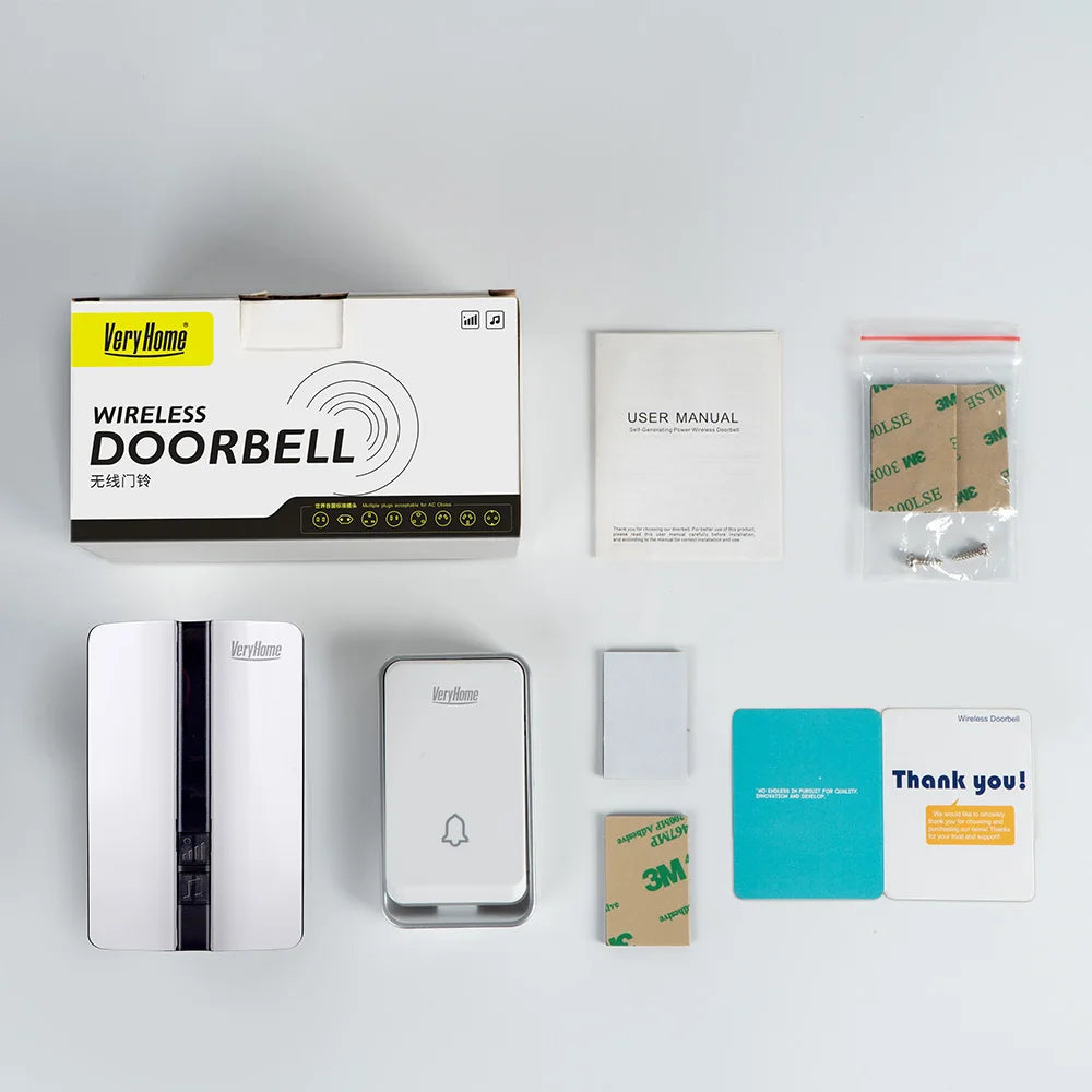 VeryHome Wireless Doorbell Waterproof Self-powered Button Smart Door Bell Sets Home Welcome Outdoor House Chimes Receiver