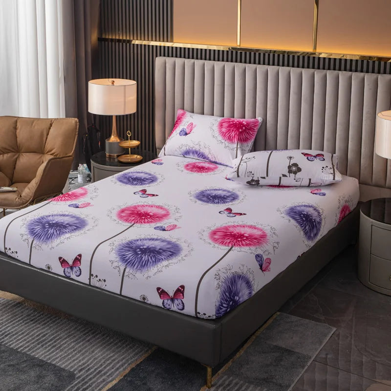 100% Polyester 3pcs Printed Sanding Fitted Sheet and pillowcases Set Elastic Band Around Mattress Cover King Size Bed Cover