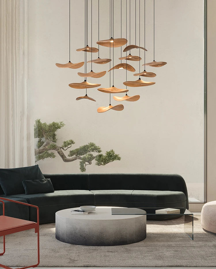 Japanese Lotus Leaf Chandelier Wabi Sabi Solid Wood Lamp Living Dining Room Zen Tearoom Villa Duplex Kitchen Island Linear Light