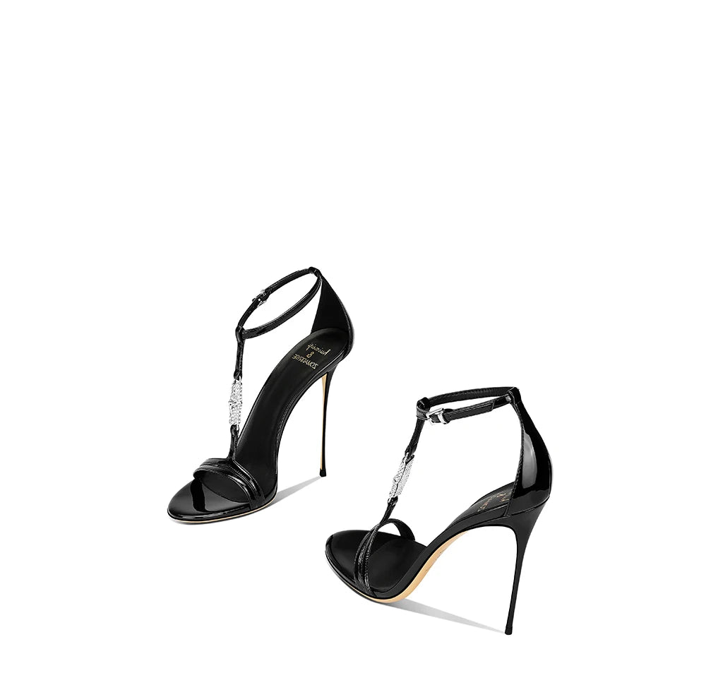 Thin high-heeled sandals summer new rhinestone T-band patent leather shoes banquet large size small size low-heeled women's shoe