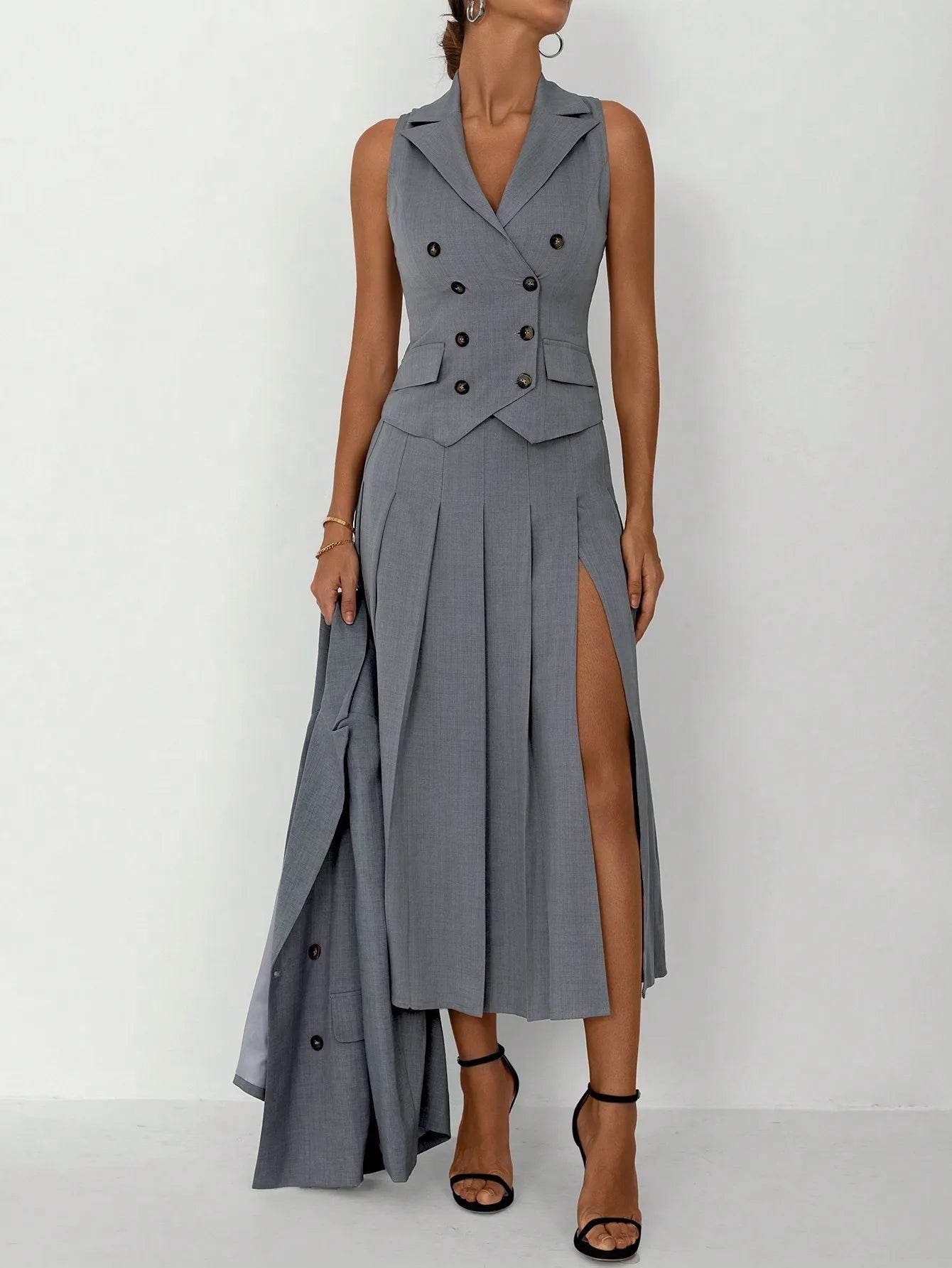 3pcs Women Elegant Work Casual Business Suit Set: Fitted Vest for Spring/Summer, Pleated Midi Skirt, Suitable for Office Lady - AIAZ