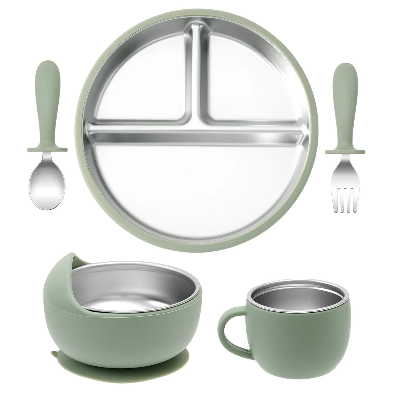 5PCS Stainless Steel Detachable Dishes Plate Baby Feeding Set With BPA Free Silicone Bowl Cup Infant Training Fork Spoon Gifts