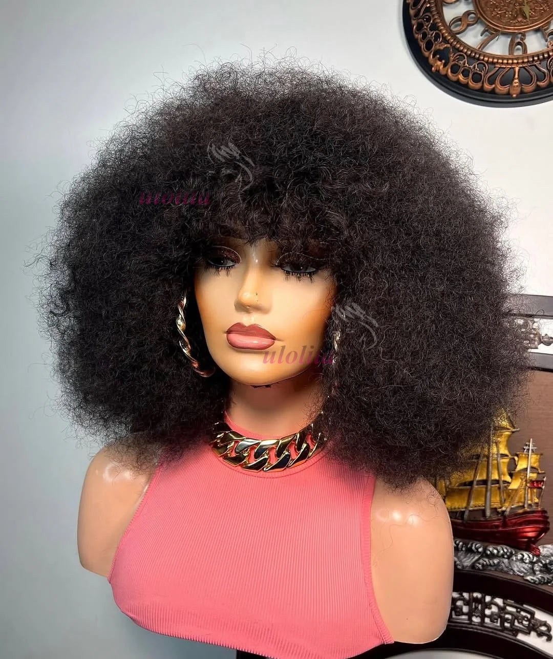 MongolianAfro Kinky Curly 100% Human Hair Fluffy Explosive Head Wig Full Machine Made High Quality Wig For Black Women Daily Use