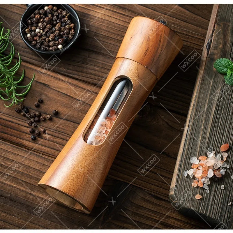 Wood Pepper Grinder Shaker Adjustable Ceramic Core Grinding Bottle with Base Wood Salt Pepper Mills for Kitchen Cooking BBQ