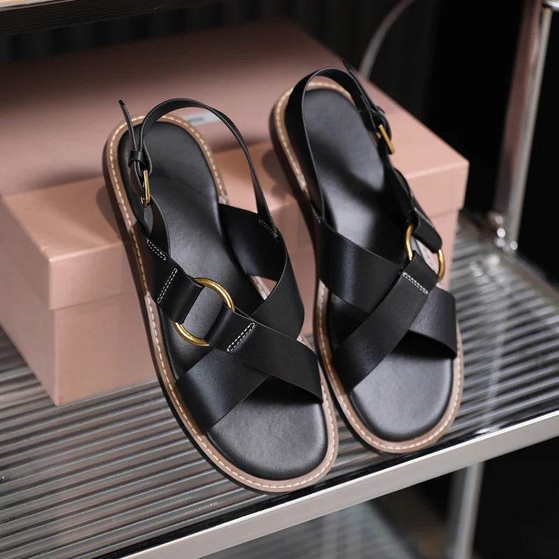 Sandals Woman 2025 New Spring Summer Fashion Comfortable Genuine Leather Flat Elegant Shoes for Women Casual Beach Shoe - AIAZ