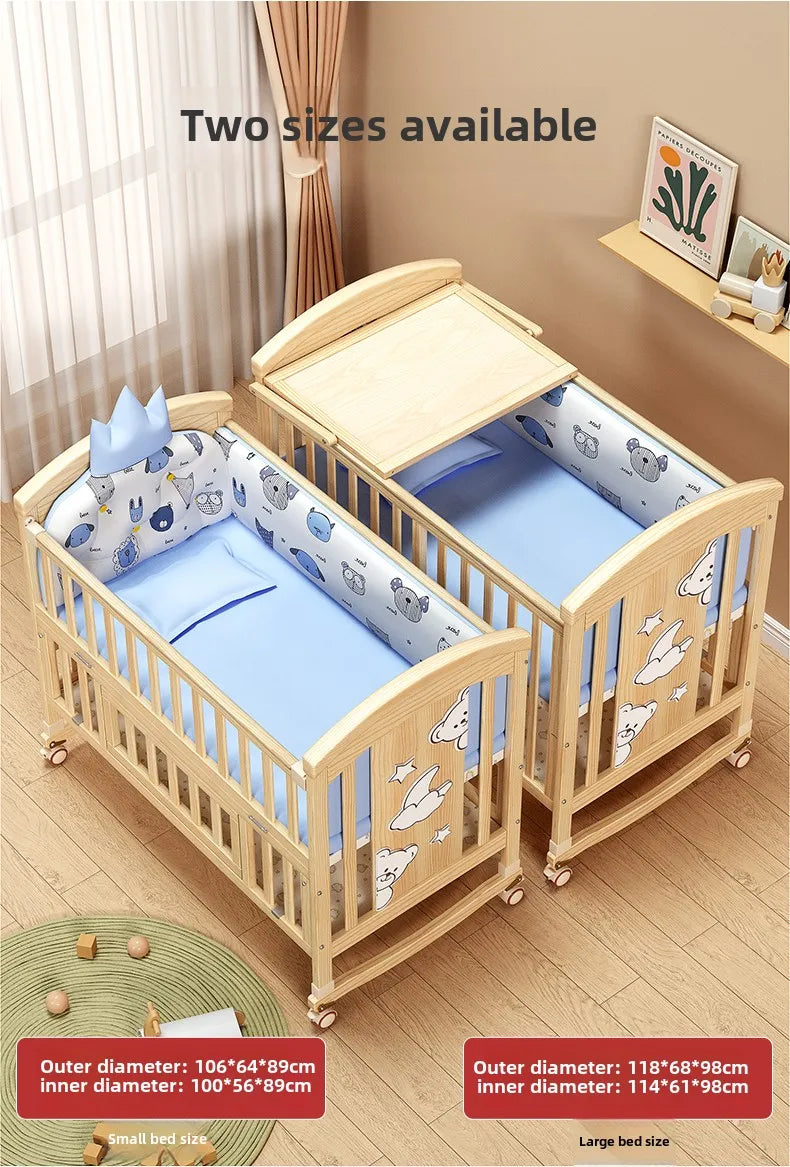 Crib Solid wood newborn baby cradle Multifunctional paint-free movable children's splicing bed air mattress 103 cm long