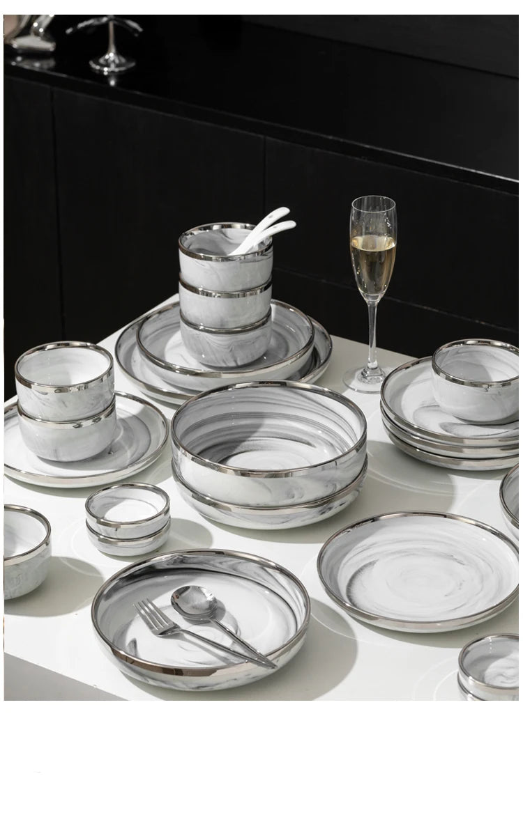 Light Luxury Ceramic Tableware Set Marble Fish Plates With Silver Rim Household Hotel LArge Capacity Soup Bowl Deep Plates