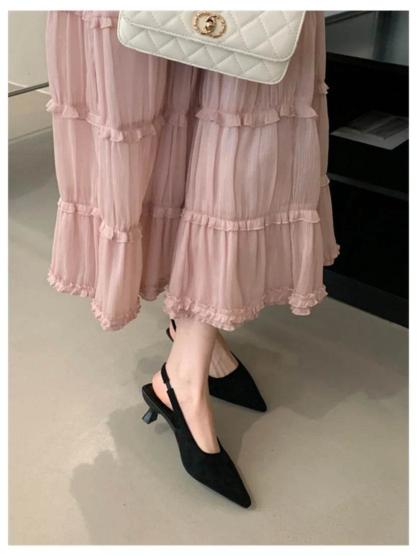 Fashion Brand Slingback Sandals Women Med Heels Pumps Elegant Pointed Toe Female Mules Dress Slides Sandalias Mujer Verano Mujer - AIAZ