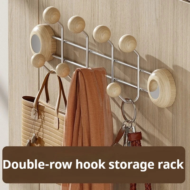 Stainless Steel Double Rows Door Hooks Simple Wood Grain Strong Adhesive Hooks Creative Multifunctional Art Home Decoration