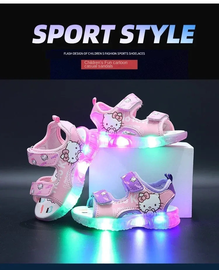 2024 Summer Baby LED Light Sandals For Girls Cute Hello Kitty Children's Casual Shoes Anti-slip Kids Beach Shoes Outdoor Shoes