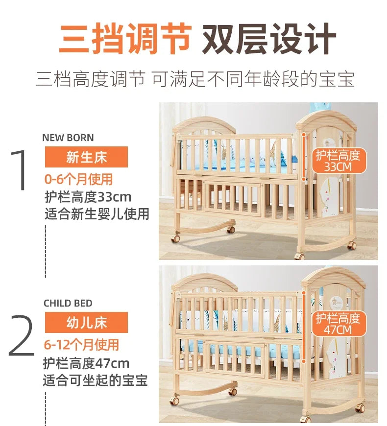 Baby Crib Multifunctional BB Baby Crib Solid Wood Unpainted Cradle Bed Movable Newborn Children Splicing Large Bed