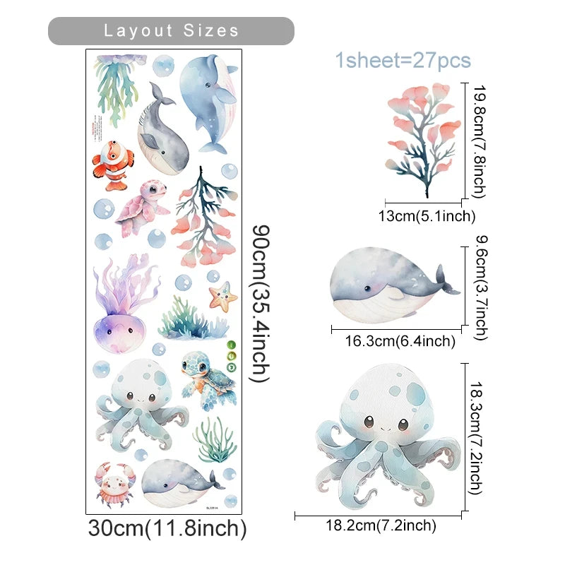 Watercolor Cartoon Ocean Fish Animal Wall Sticker Living Room Bedroom Sea Life Beach Landscape Wall Decal Home Decor