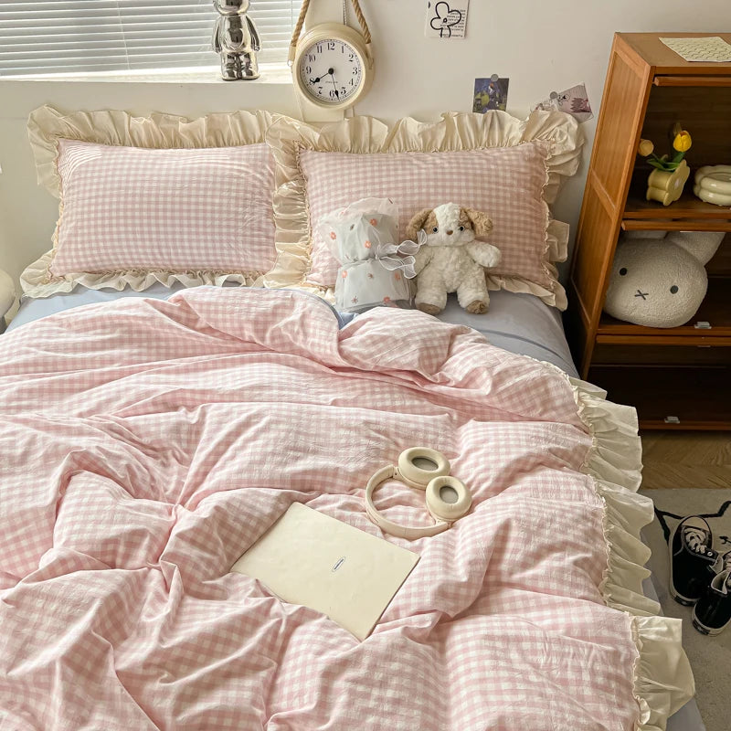 Korean Princess Style Bedding Set Soft Skin-friendly Lattice Lace Ruffles Quilt Cover Plaid Style Duvet Covers Set Pillowcases