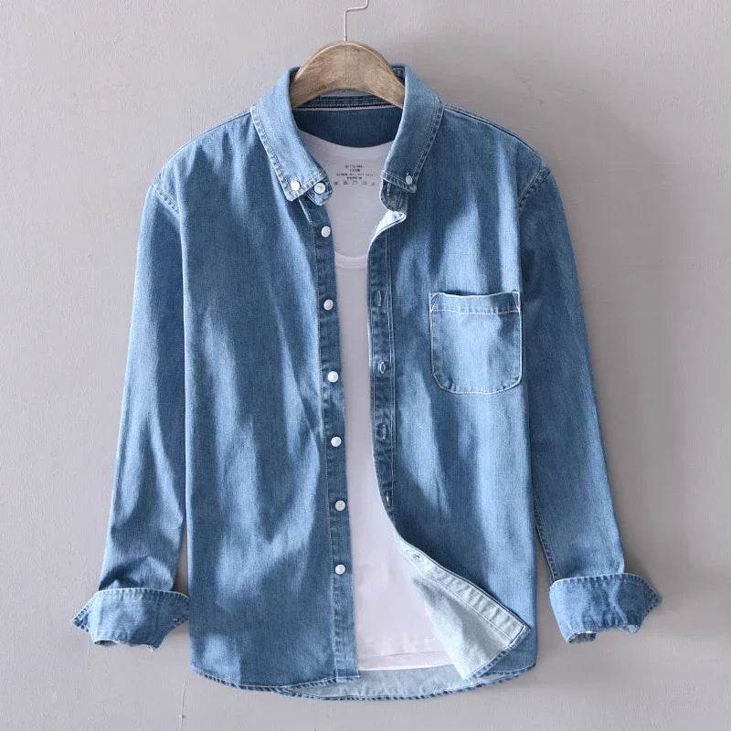 100% Cotton Autumn New Long-sleeved Denim Shirt Men Fashion Casual High Street Male Clothes Top Classic Light Blue Black Gray - AIAZ