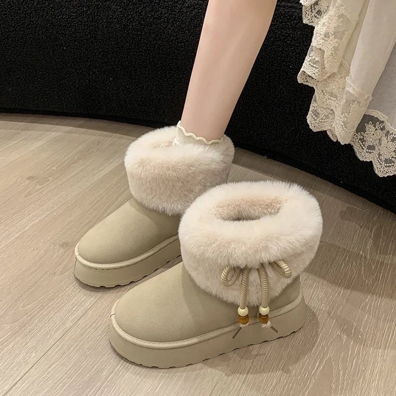 Large size women's shoes Icelandic snow boots women's winter plush cute cream short tube warm fluffy boots cotton shoes