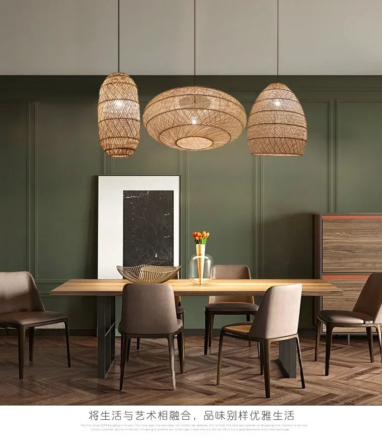 Japanese Style Wooden Woven Handmade Pendant Lights Restaurant Bedroom Study Room Chandelier Pastoral Rattan Tatami Chandeliers