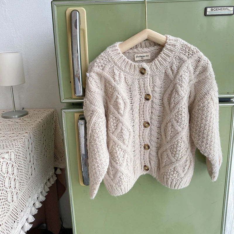 1 2 3 4 5 6 7 8 Years Girls Knitted Sweater Cardigan New Fashion Baby Coarse Wool Hemp Retro Cardigan Boys Coat Kids Clothes