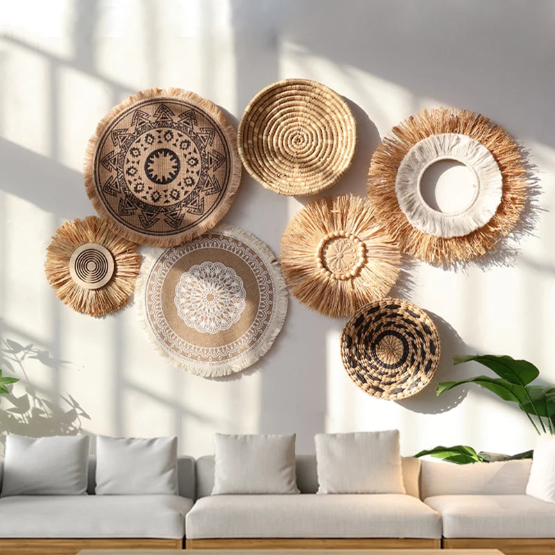 Bohemian Wall Decorations, Woven Grass and Rattan Wall Ornaments, Wall Decorations for Restaurant Background Walls