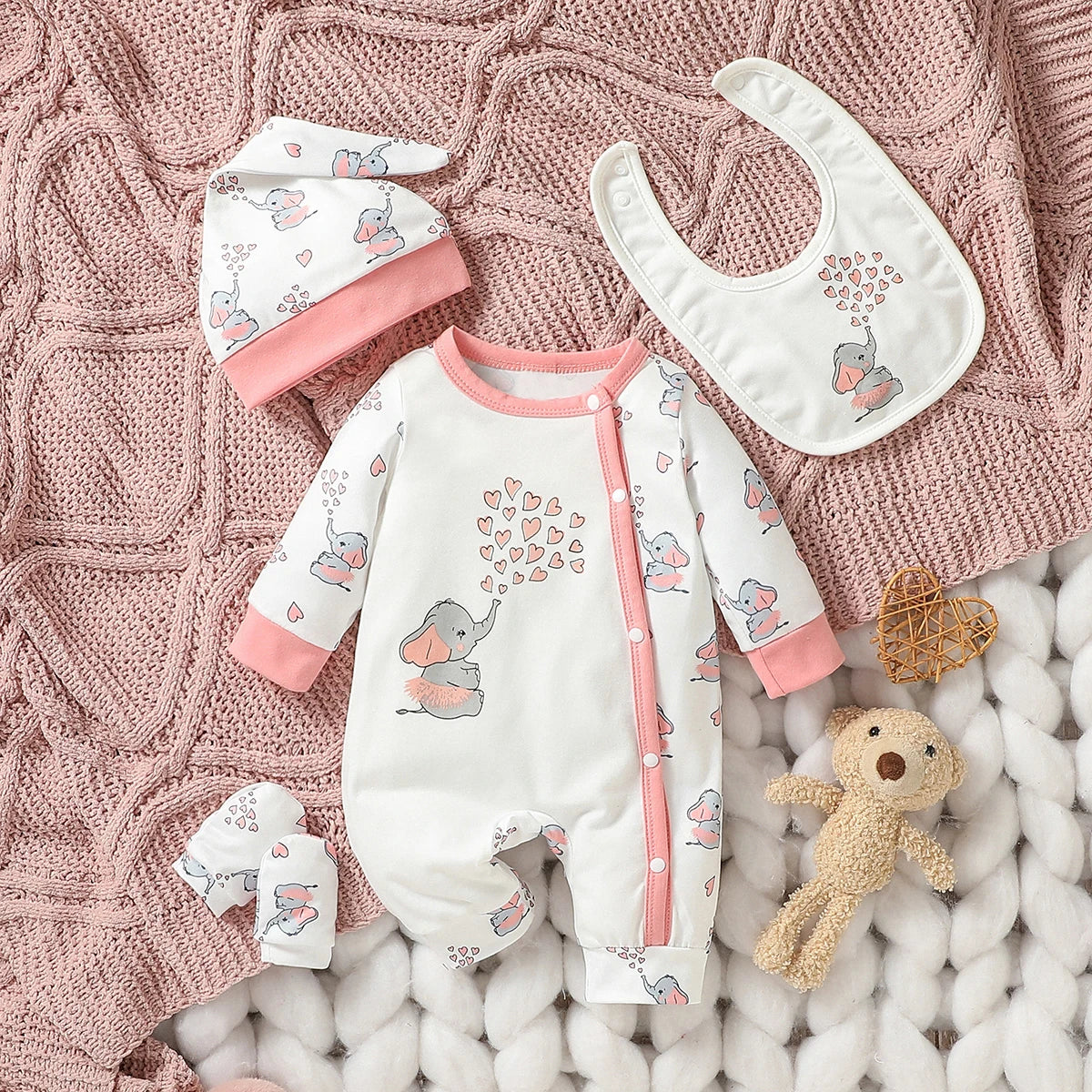 4PCS Baby unisex Long Sleeve Round Neck Animal Print With Button Casual Jumpsuit +Bib+Hat+Gloves