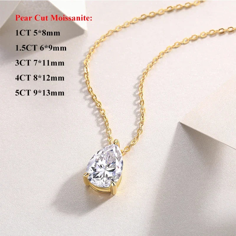 1-5CT Pear Cut D VVS1 Moissanite Necklace 100% S925 Silver 18k Gold Plated Single Diamond Women's Pendant Necklace Fine Jewelry