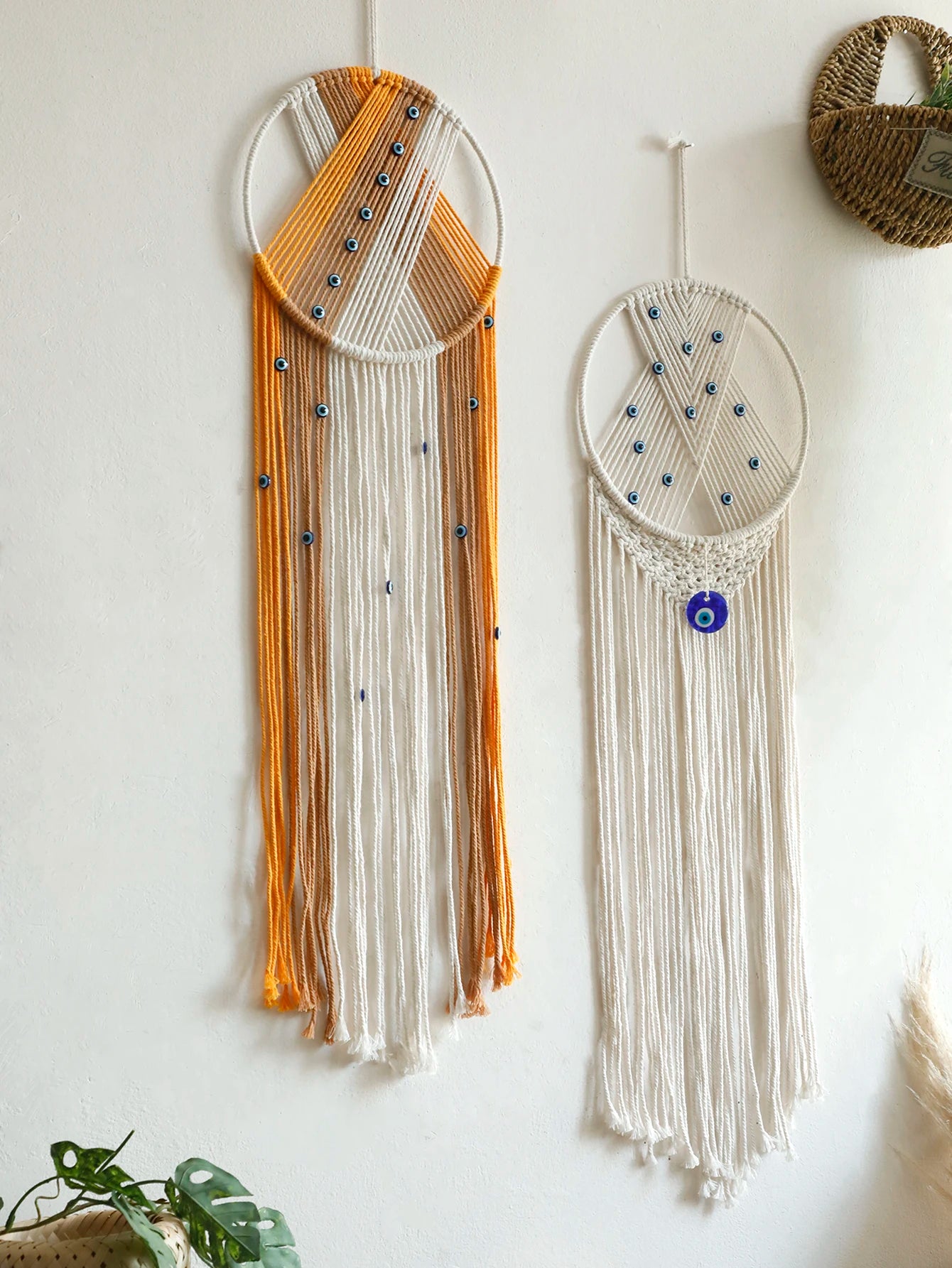 Handmade Macrame Wall Hanging with Fringe and Evil Eye Beads – Boho Chic Yarn Tapestry Home Bedroom Living Room or Nursery Decor