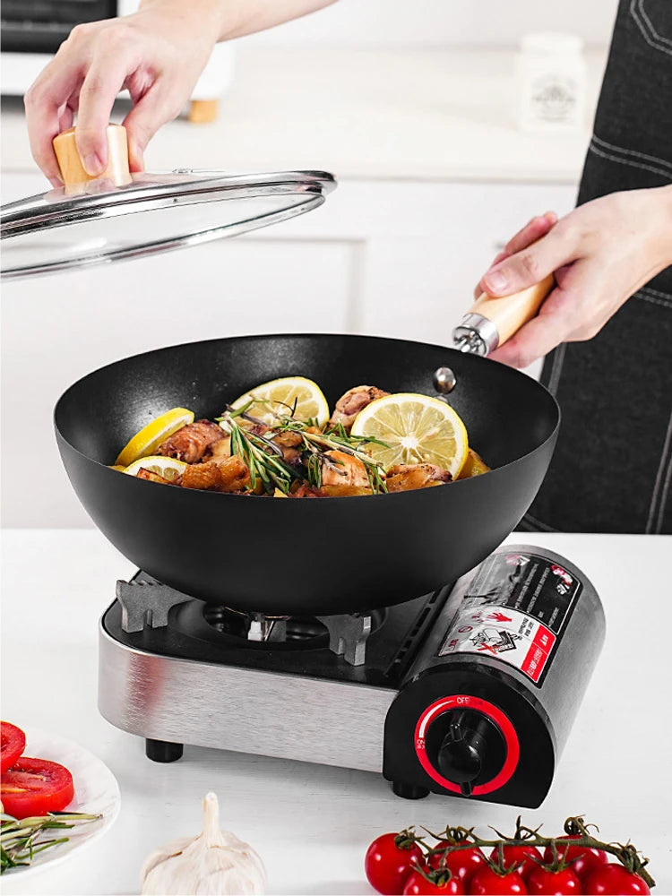 Carbon Steel Mini Wok 20cm Classic Kitchen Cooking Pot Non-Induction/Wooden Handle Flat Base Pan Includes 1 x Chinese Wok Pan