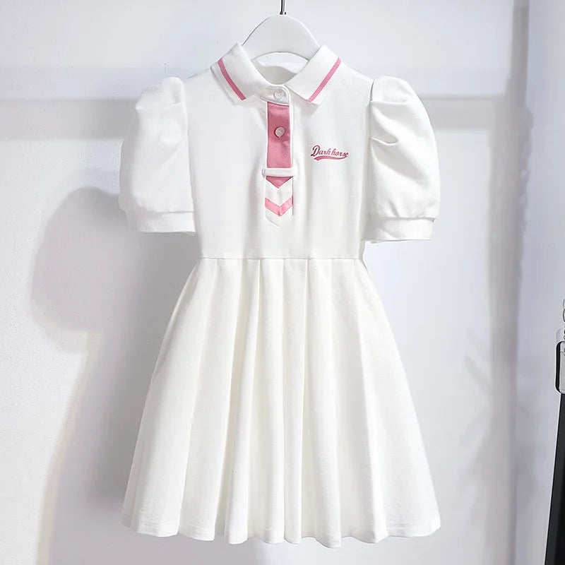 1pcs Summer Children's Dress Girl's Korean Edition Short Sleeves Flip Collar Skirts Pupil Student's Sweet Princess Fashion Dress
