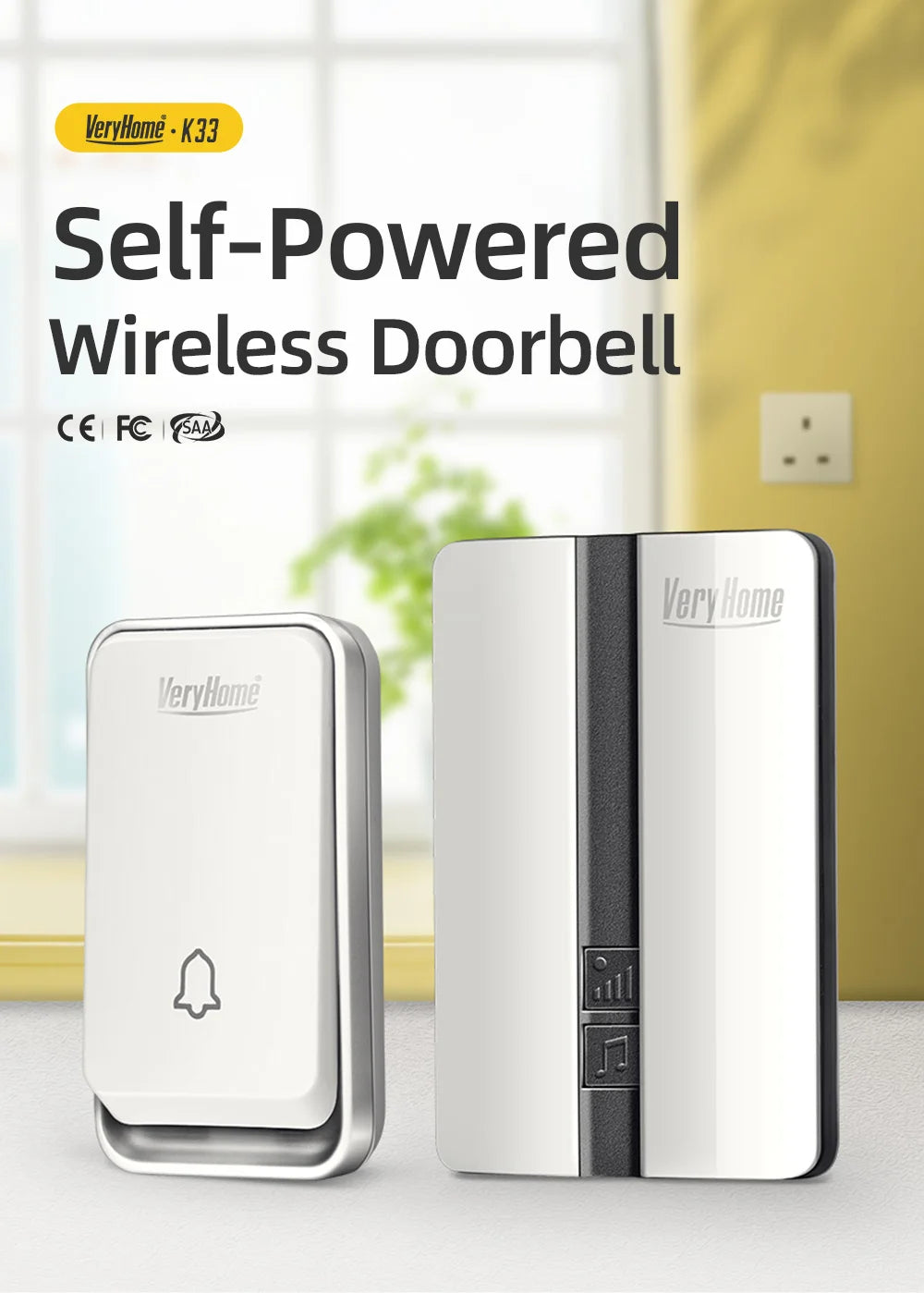 VeryHome Wireless Doorbell Waterproof Self-powered Button Smart Door Bell Sets Home Welcome Outdoor House Chimes Receiver
